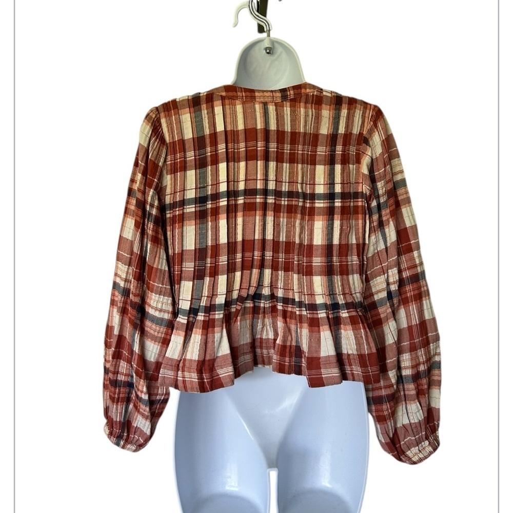 Pilcro Pleated Swing  Blouse Balloon Sleeve Plaid Metallic Anthropologie Size XS - Picture 5 of 9